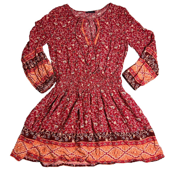 American Eagle Mini Drop Waist Dress Womens M Floral Bohemian Smocked Cottage - Picture 2 of 7